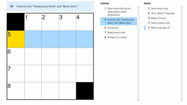 The Channel with 'Vanderpump Rules' and 'Below Deck' clue highlighted on the NYT Mini Crossword.