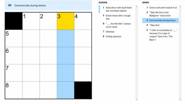 The Commercials during shows clue highlighted on the NYT Mini Crossword.