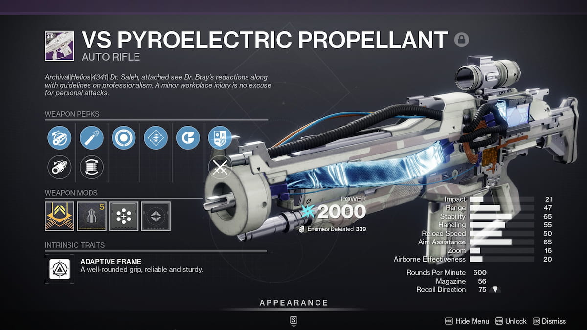 VS Pyroelectric Propellant in-game roll in Destiny 2