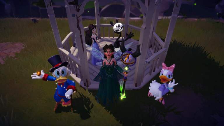 Standing with Scrooge McDuck, Daisy, Oswals, and Ursula as Vanessa at a gazebo in Disney Dreamlight Valley.