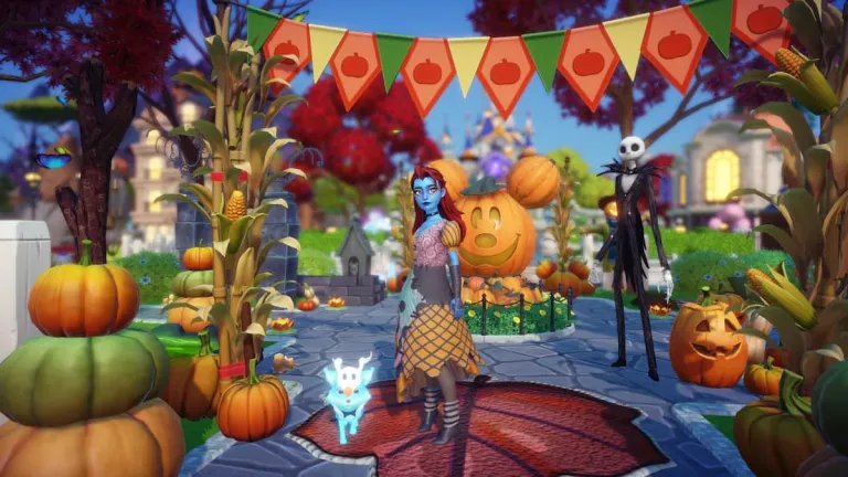 Jack and a character dressed up as Sally in Halloween area in Disney Dreamlight Valley with pumpkin decorations.