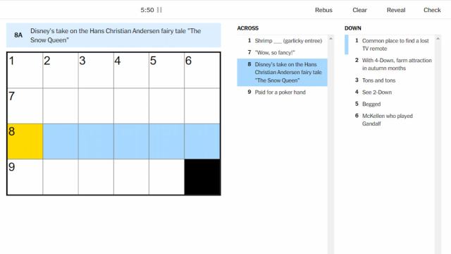 The Disney's take on the Hans Christian Andersen fairy tale "The Snow Queen clue highlighted on the NYT Mini Crossword.