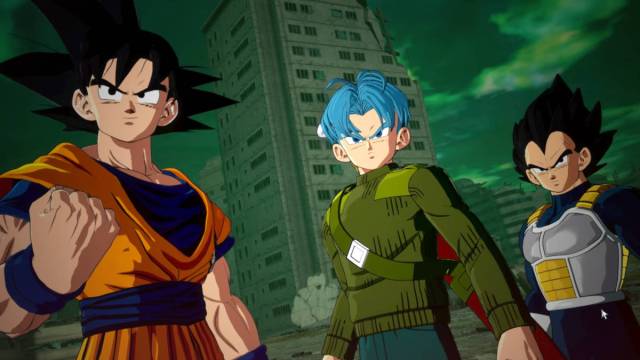 Dragon Ball Sparking Zero Future Trunks branching paths: Trunks in war fatigues is standing in a ruined city with Goku and Vegeta.