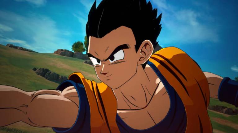 Dragon Ball Sparking Zero Gohan branching paths: Gohan in his orange gi and blue shirt punching something offscreen.