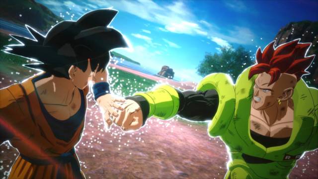 Dragon Ball Sparking Zero Goku branching paths: Goku in his normal form and Android 16, a robot with red hair and green armor, clash fists.