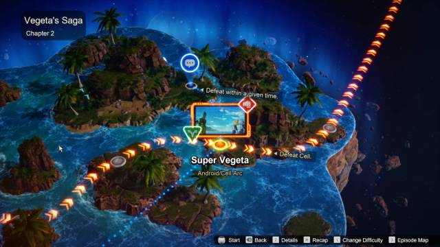 Dragon Ball Sparking Zero Vegeta branching paths: the map screen with the Super Vegeta level highlighted.