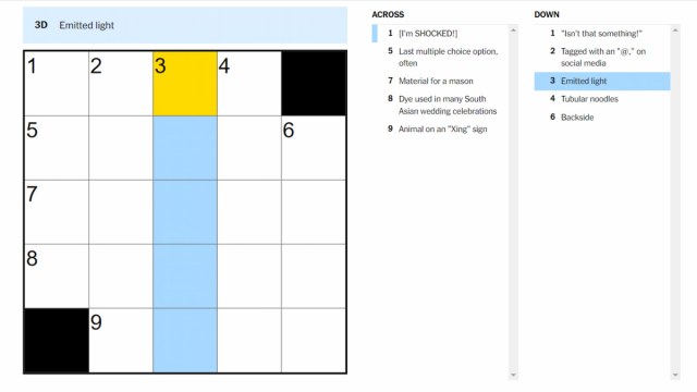 The Emitted light clue highlighted on the NYT Mini Crossword.