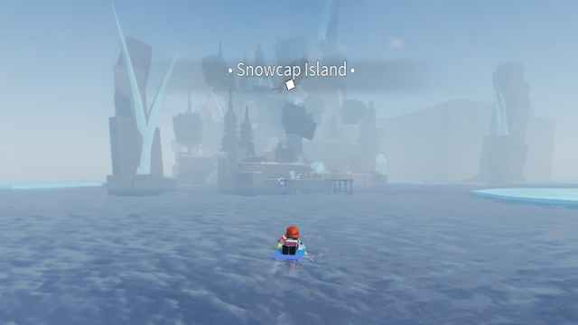 A snowy island surrounded by fog in the distance and a roblox player on a surfboard heading towards it.