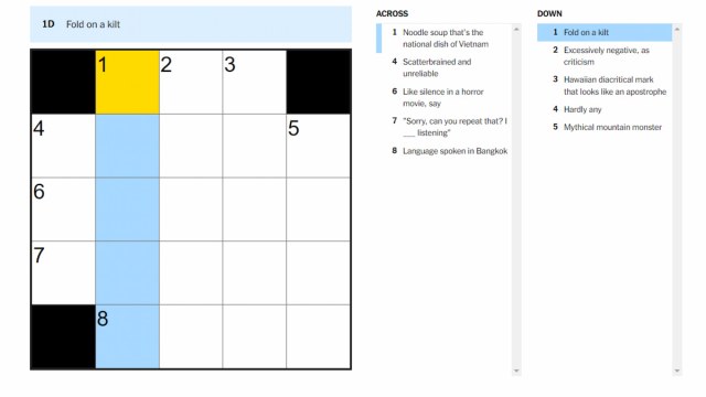 The Fold on a kilt clue on the NYT Mini Crossword puzzle.