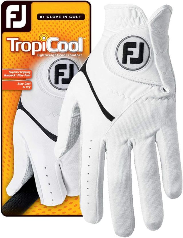 FootJoy Tropicool Golf Gloves, white golf gloves with an angled velcro wrist strap and extra perforations on the top side of the index finger. More details below.