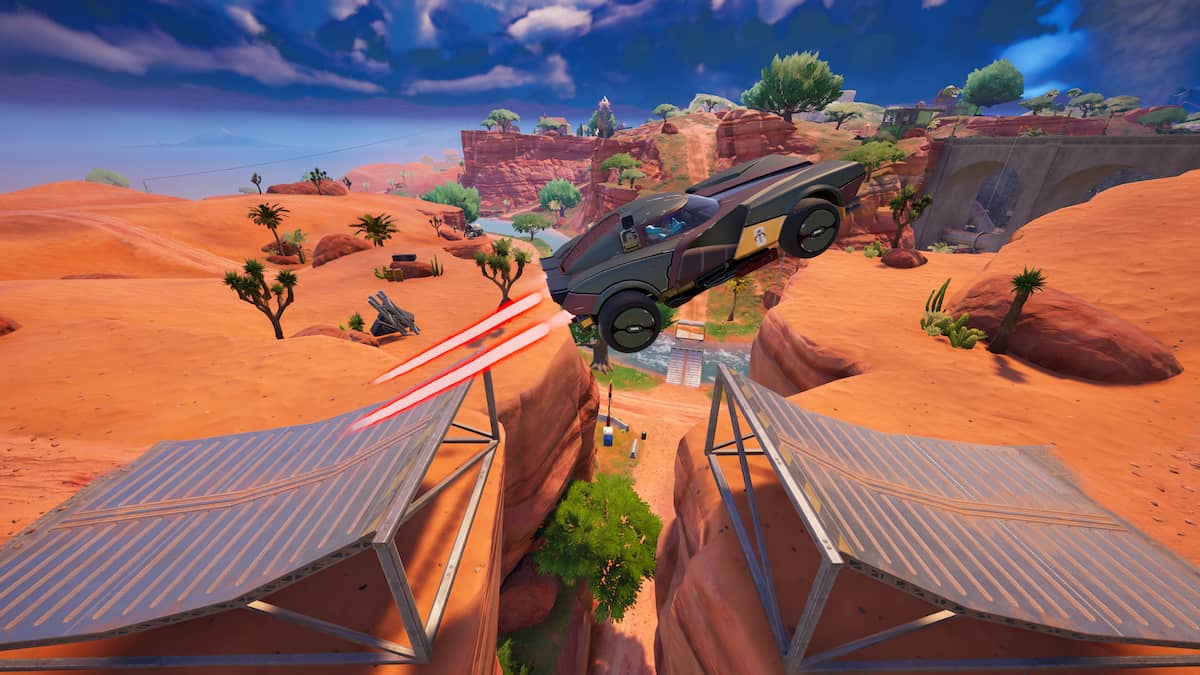 A car driving over a ramp and soaring into the air in Fortnite.