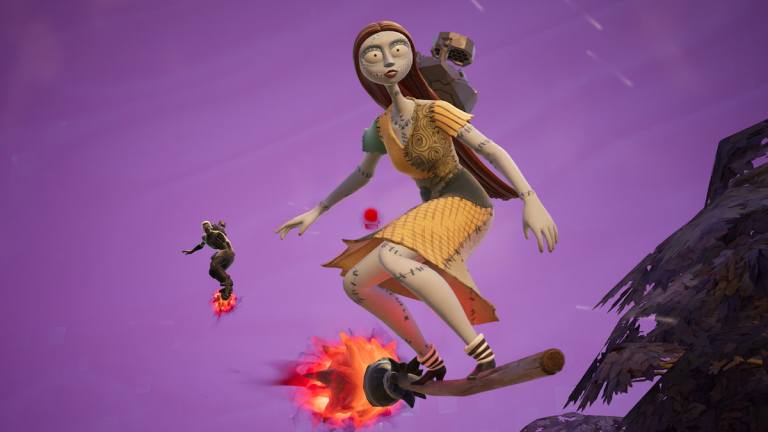 Sally and Kylo Ren riding Witch Brooms in the Underworld region in Fortnite.