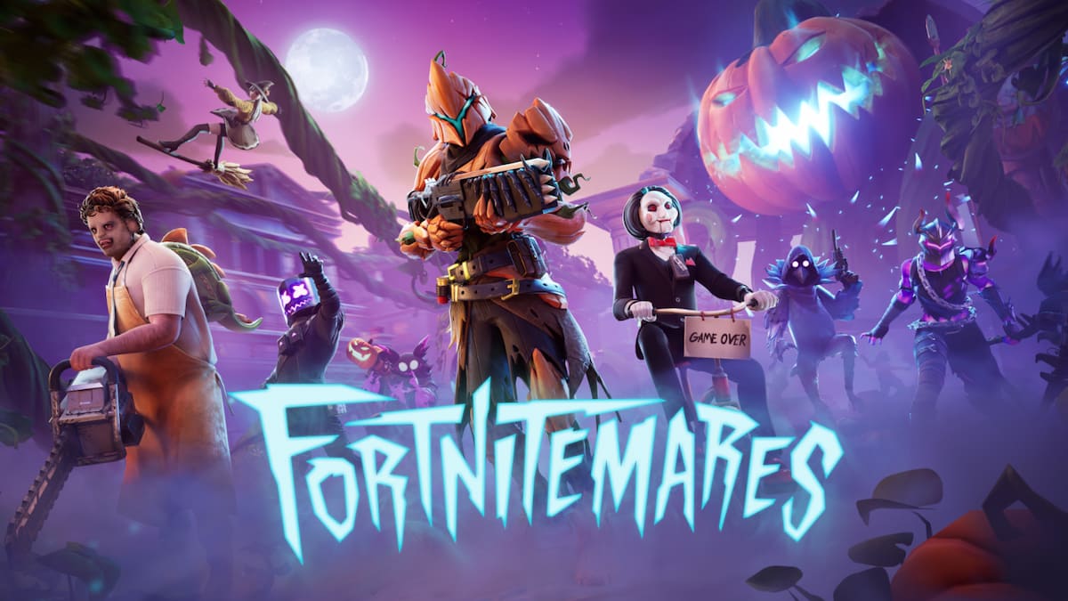 The Fortnitemares 2024 art featuring Billy the Puppet, Leatherface, and more Halloween characters.