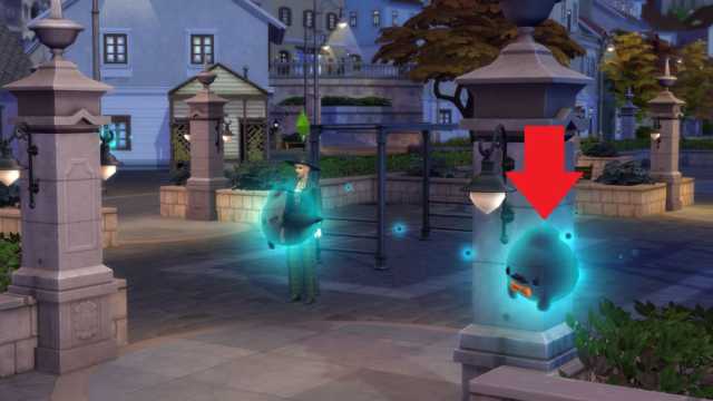 Freddy the ghost, who is a small teal specter with a mustache and tie, floating around a playground in The Sims 4 Life & Death.