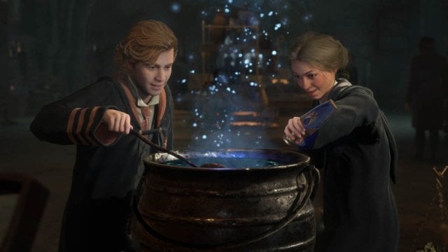 A boy and a girl adding ingredients to a cauldron in Hogwarts Legacy