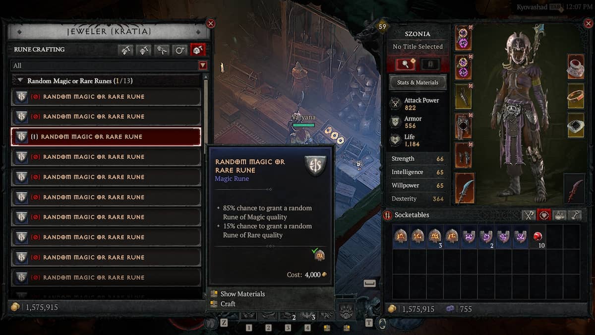 A screenshot of Rune Crafting at a Jeweler in Diablo 4 Vessel of Hatred