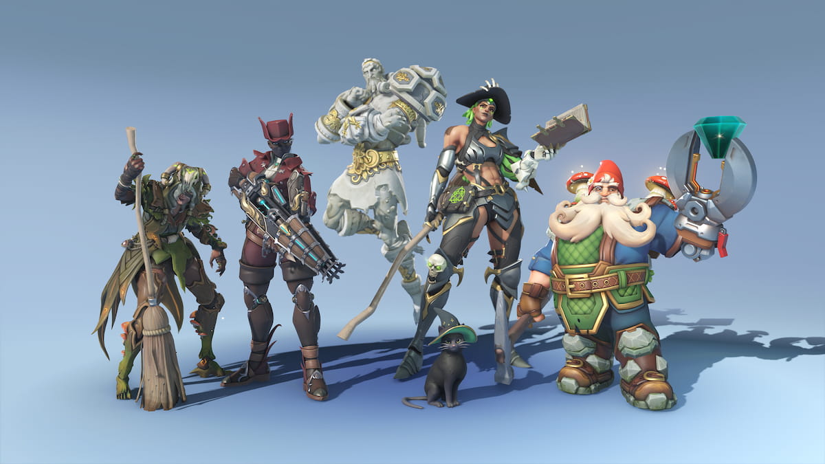 Five new Legendary skins in OW2 season 13 battle pass: Bog Witch Ana, Necrotic Witch Junker Queen, Witchbane Sojourn, Gnome Torbjorn, and Monstrous Sigma.