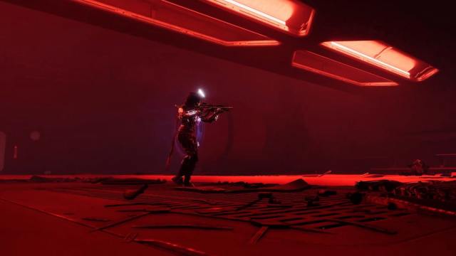 A Hunter walks alone in a reddened environment in Destiny 2: Vesper's Host dungeon