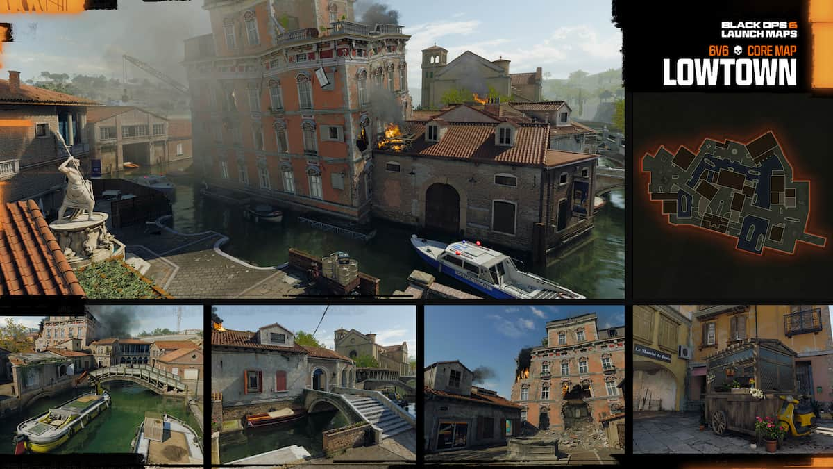 Lowtown map overview in Black Ops 6. A city with canals everywhere is crumbling and burning.