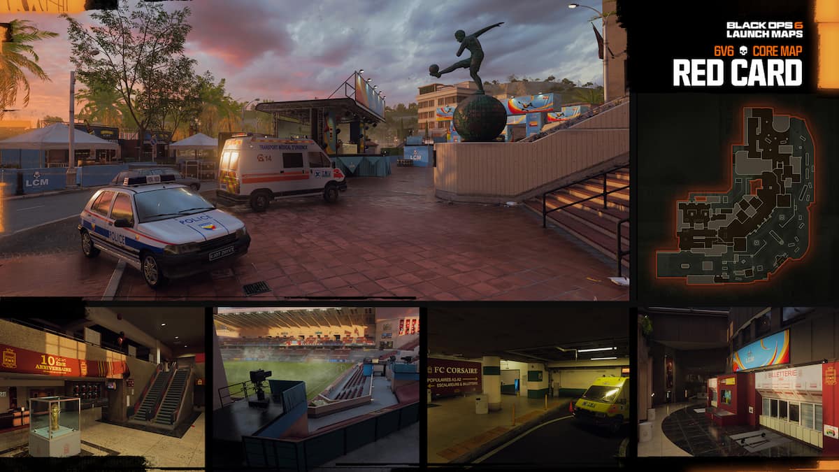 Red Card map overview in Black Ops 6. A city square with a soccer stadium has a player statue kicking a ball in the middle.