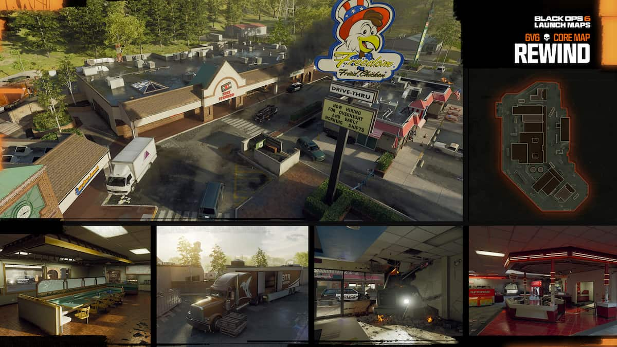 Rewind map overview in Black Ops 6. A small-town outdoor mall with a fast food restaurant and large chicken sign.