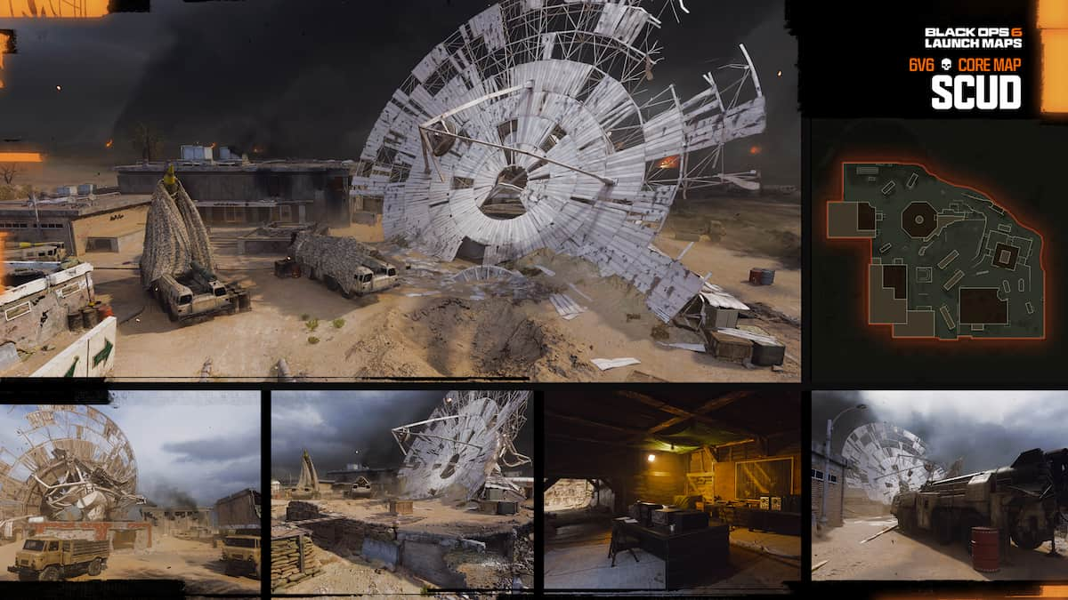 Scud map overview in Black Ops 6. A desert landscape has a huge, broken-up satellite dish sticking out of it.