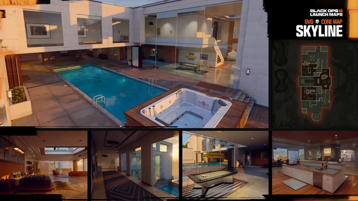 Skyline map overview in Black Ops 6. A pool is surrounded by a glitzy mansion.