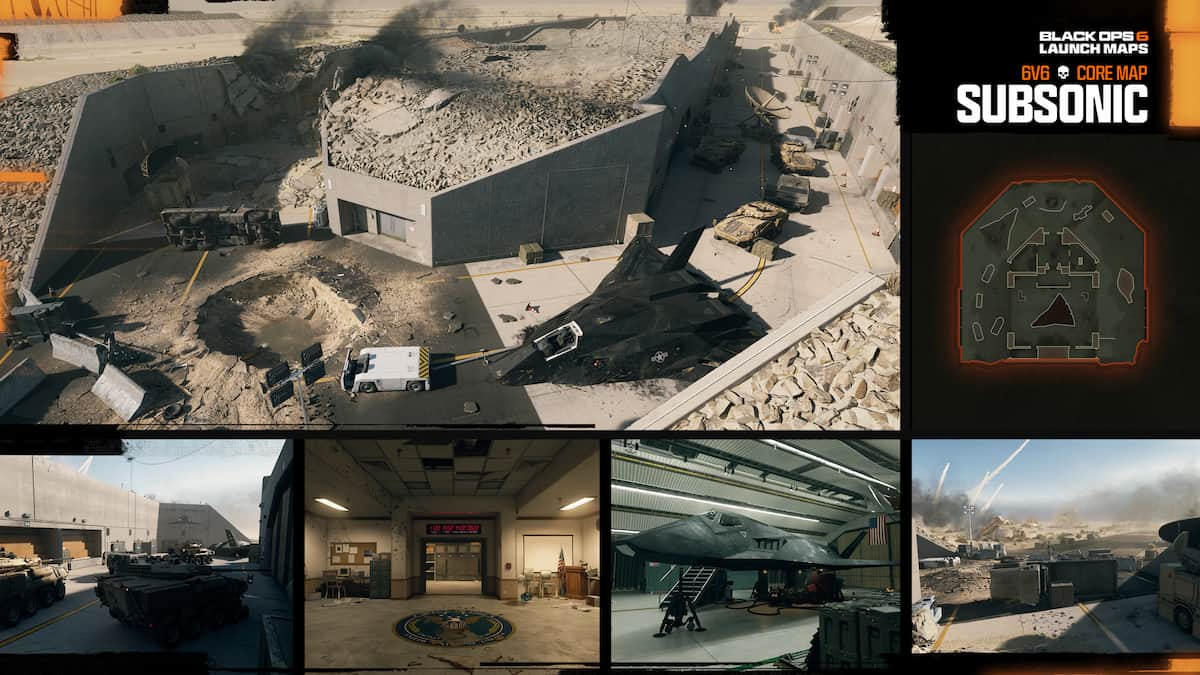 Subsonic map overview in Black Ops 6. A fighter jet and other military vehicles sit outside a desert bunker.