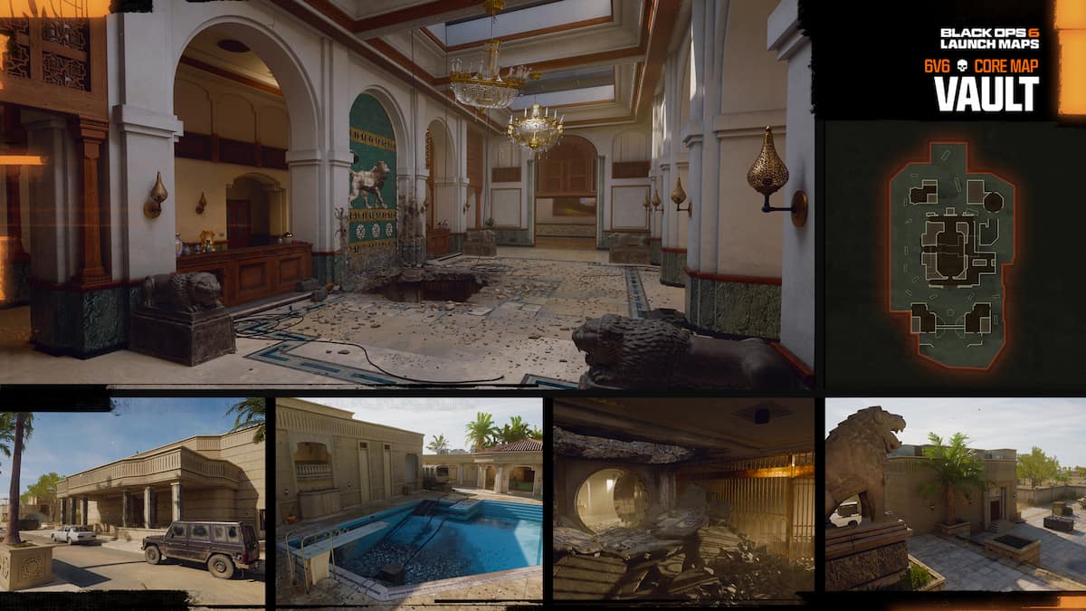 Vault map overview in Black Ops 6. A large mansion looks like its been breached by explosions.