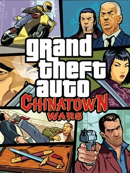 GTA Chinatown Wars box art, with several characters, cars, and weapons drawn in a cartoon style.