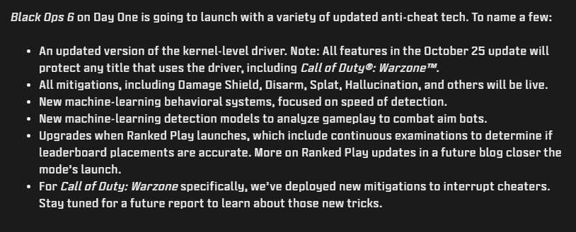 A list of RICOCHET Anti-Cheat updates for BO6 launch.