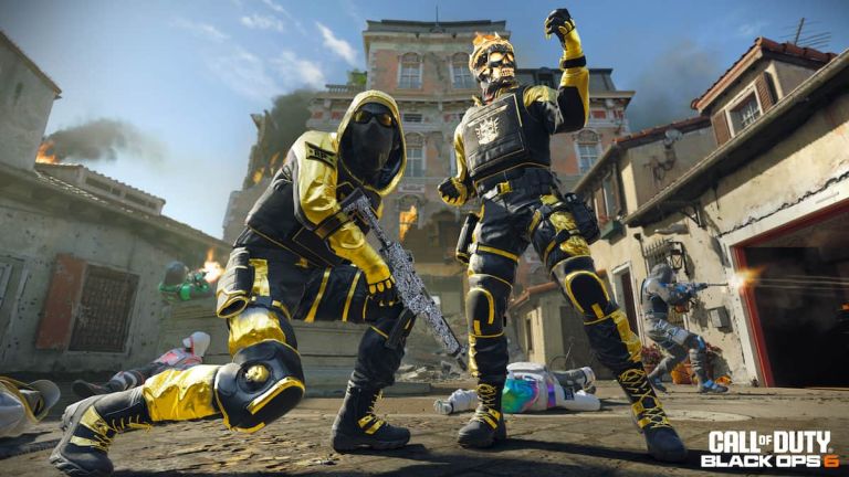 BO6 Ranked Play skins in action, two gold skins, one with a hood and sunglasses and the other with a skull facemask.