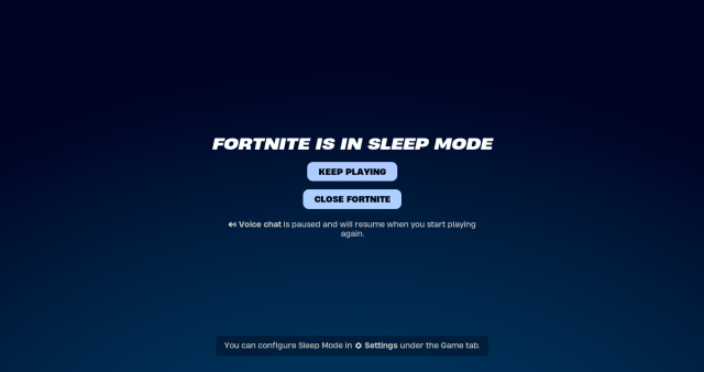 The Sleep Mode screen in Fortnite.