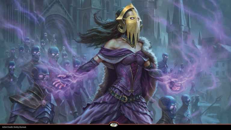 Liliana Planeswalker with Veil mask summoning zombies through purple Magic in MTG Foundations set