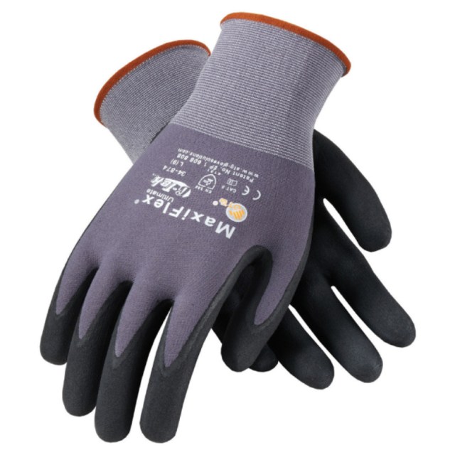 The MaxiFlex 34-874, form-fitting industrial gloves with breathable nitrile palms made for precision industrial work. More details below.