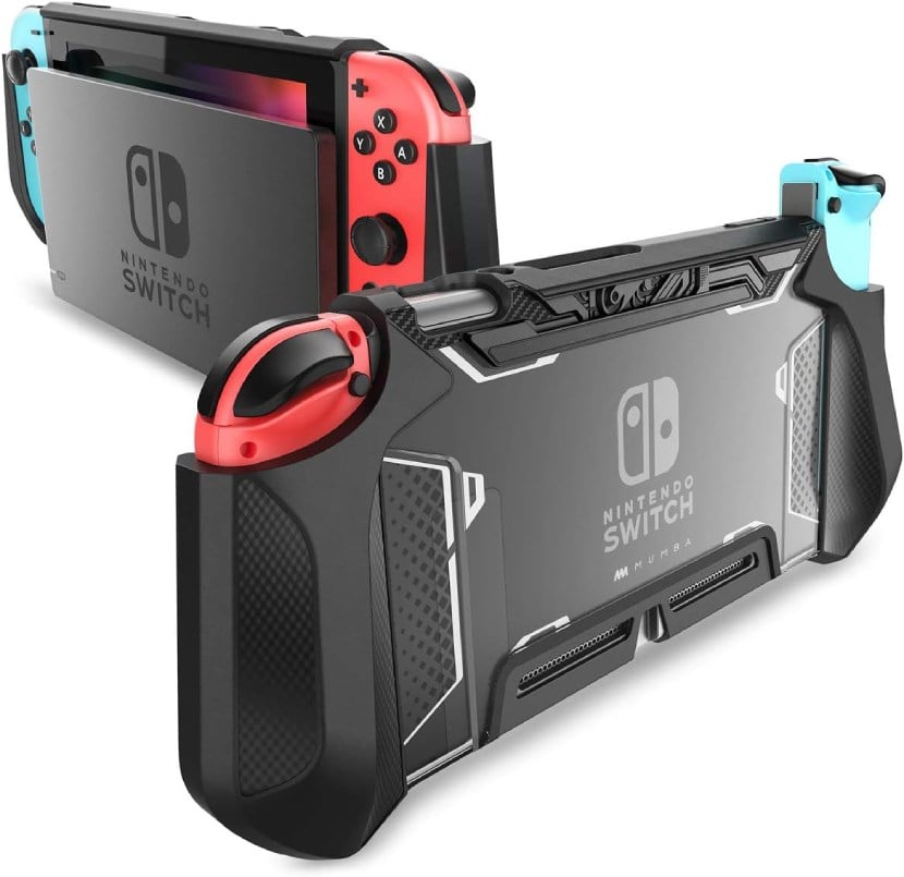 3/4 front view of a Nintendo Switch with Mumba Blade Case docked in an official Nintendo Switch Dock. 3/4 back view of the a Nintendo Switch with Mumba Blade Case. More details below.