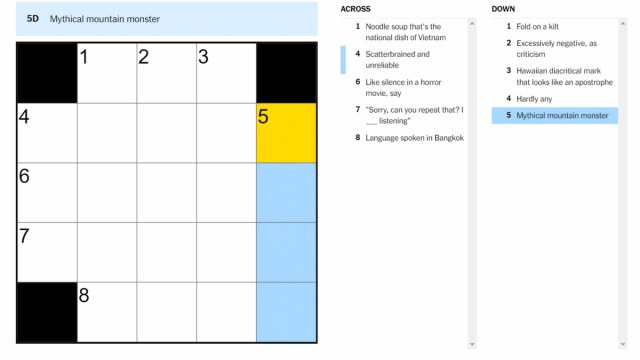 The Mythical mountain monster clue highlighted on the NYT Mini Crossword.