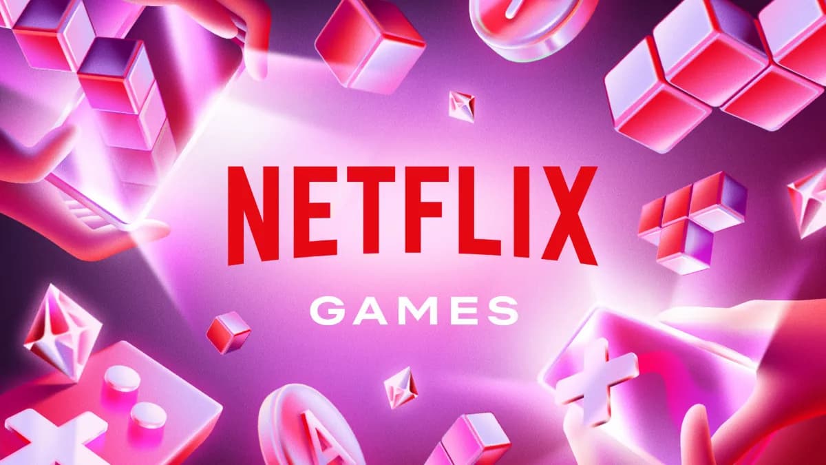 A pink banner showing a bunch of blocks being smashed in by a massive logo saying "NETFLIX GAMES."