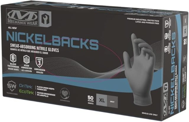 3/4 front view of a box of Mechanix Wear Nickelbacks, black, disposable, sweat-absorbing nitrile gloves designed for precision work. More details below.