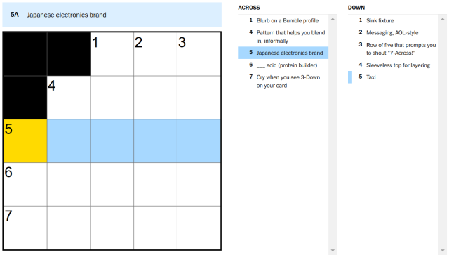 NYT Crossword Mini highlighting the "japenese electronics brand" clue.