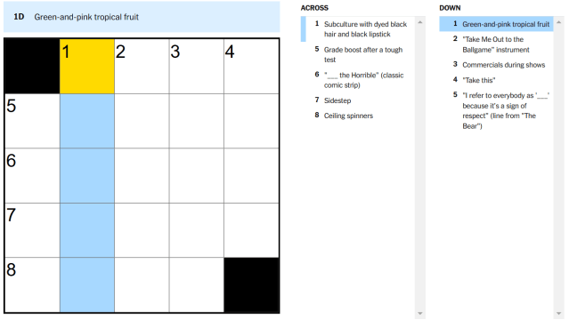 One down, green and pin tropical fruit, new york times mini crossword puzzle