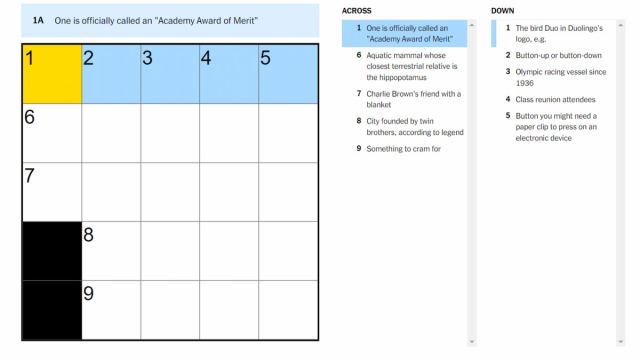 The One is officially called an Academy Award of Merit clue highlighted on the NYT Mini Crossword.