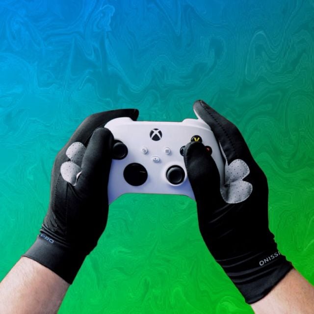 Hands using a XBox Series S controller while wearing ONISSI Pro Gaming Gloves, black gloves with a light-gray breathable palm. More details below.