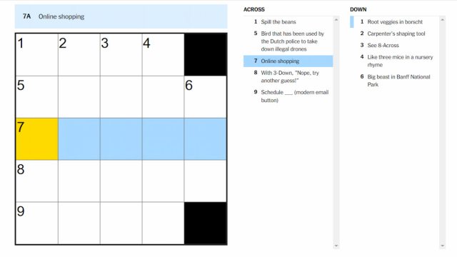 The Online Shopping clue highlighted on the NYT Mini Crossword puzzle.