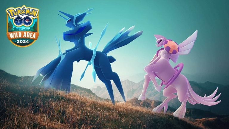 pokemon go wild area 2024 raid key art. palkia and dialga run around an open field