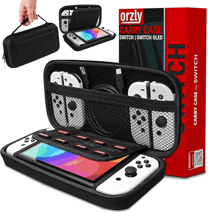 3/4 front view of an open Orzly Carry Case holding a white Switch, eight game cartridges in the special game pockets, and two pairs of Joy-Cons and a USB-C charger cable in the larger pocket. More details below.