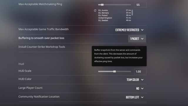 Buffering to smooth over packet loss setting in CS2's game options.