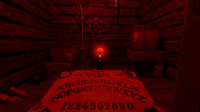 Holding a Ouija Board in front of a Totem at Grafton Farmhouse in Phasmophobia.