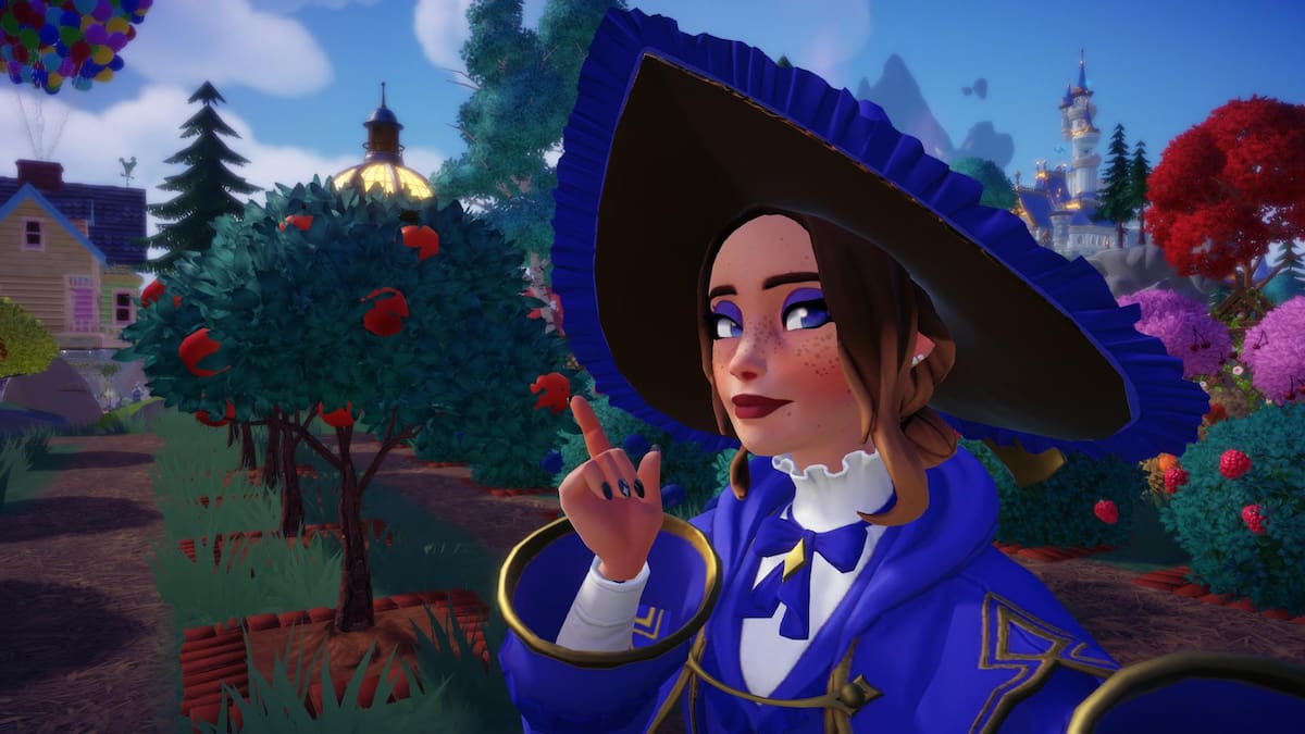 A player dressed as a purple witch taking a picture with an Apple Tree while pointing at it in Disney Dreamlight Valley.