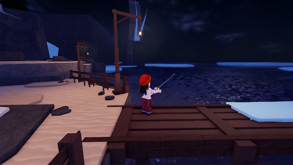 A roblox player fishing in a icy sea.